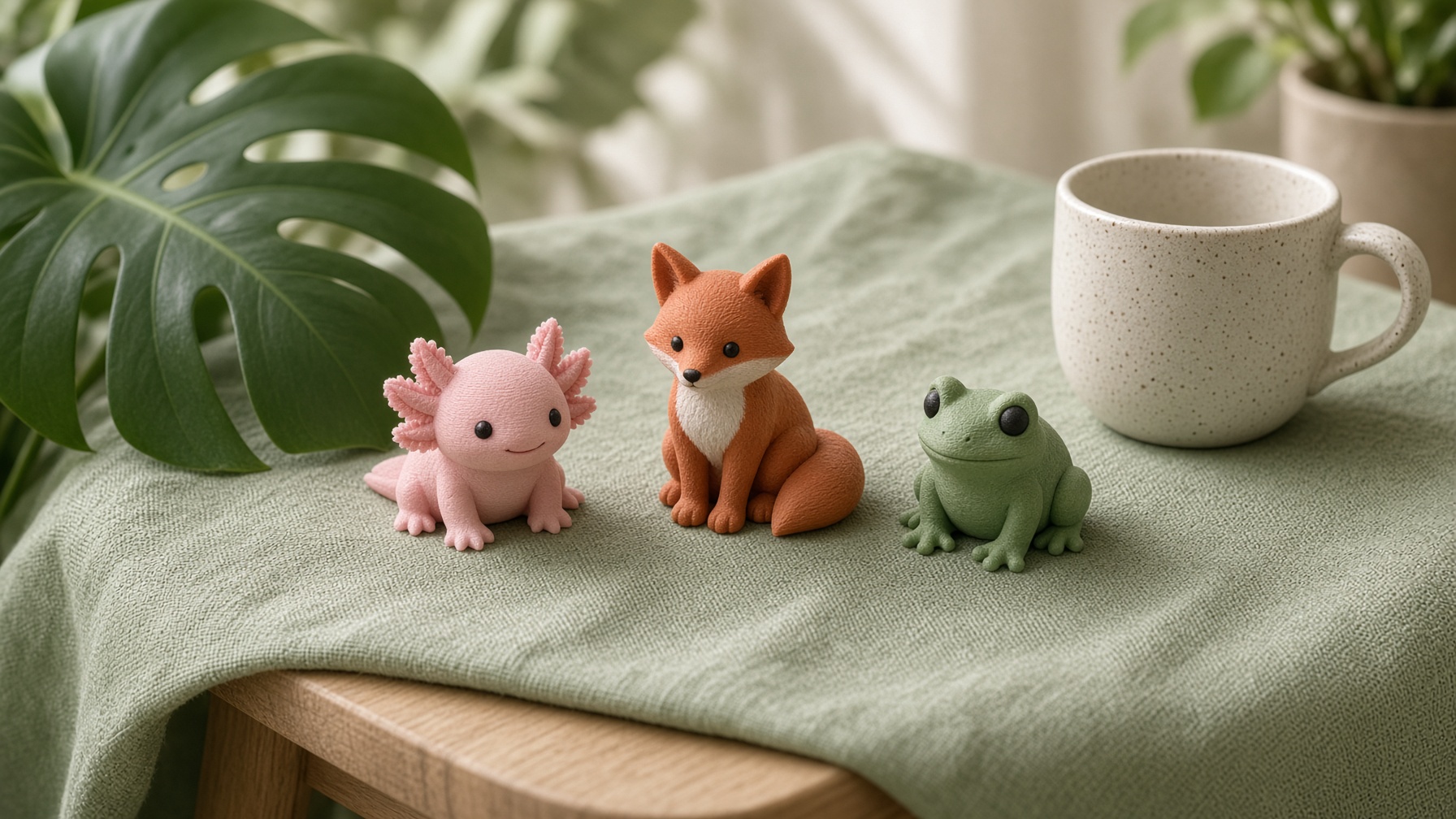 A studio table of 3D printed animals on sage linen